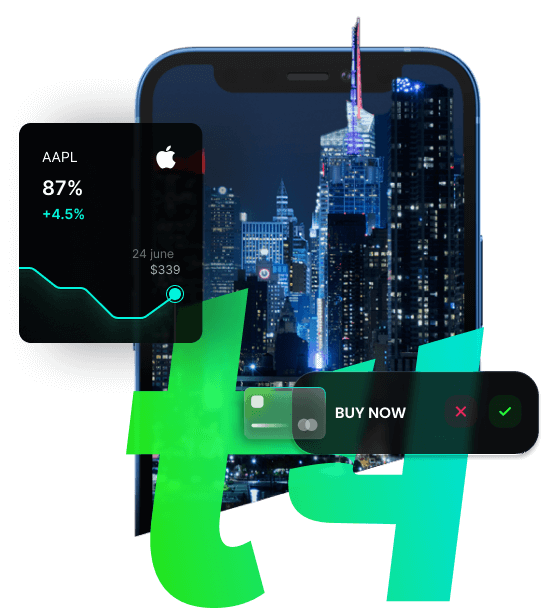 T4Trade Mobile App: Empowering Investments with Logo, Diagram, and 'Buy Now' Button for Seamless Trading Experience.