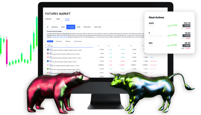 Monitor Displays Dynamic Data with Red Bear, Green Bull, and Informative Diagram for Insightful Analysis.