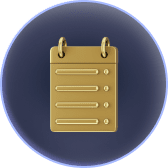 Golden notepad icon within a round purple background