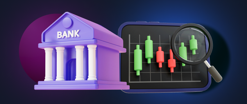 A purple bank building next to a magnifying glass looking at a stock chart.
