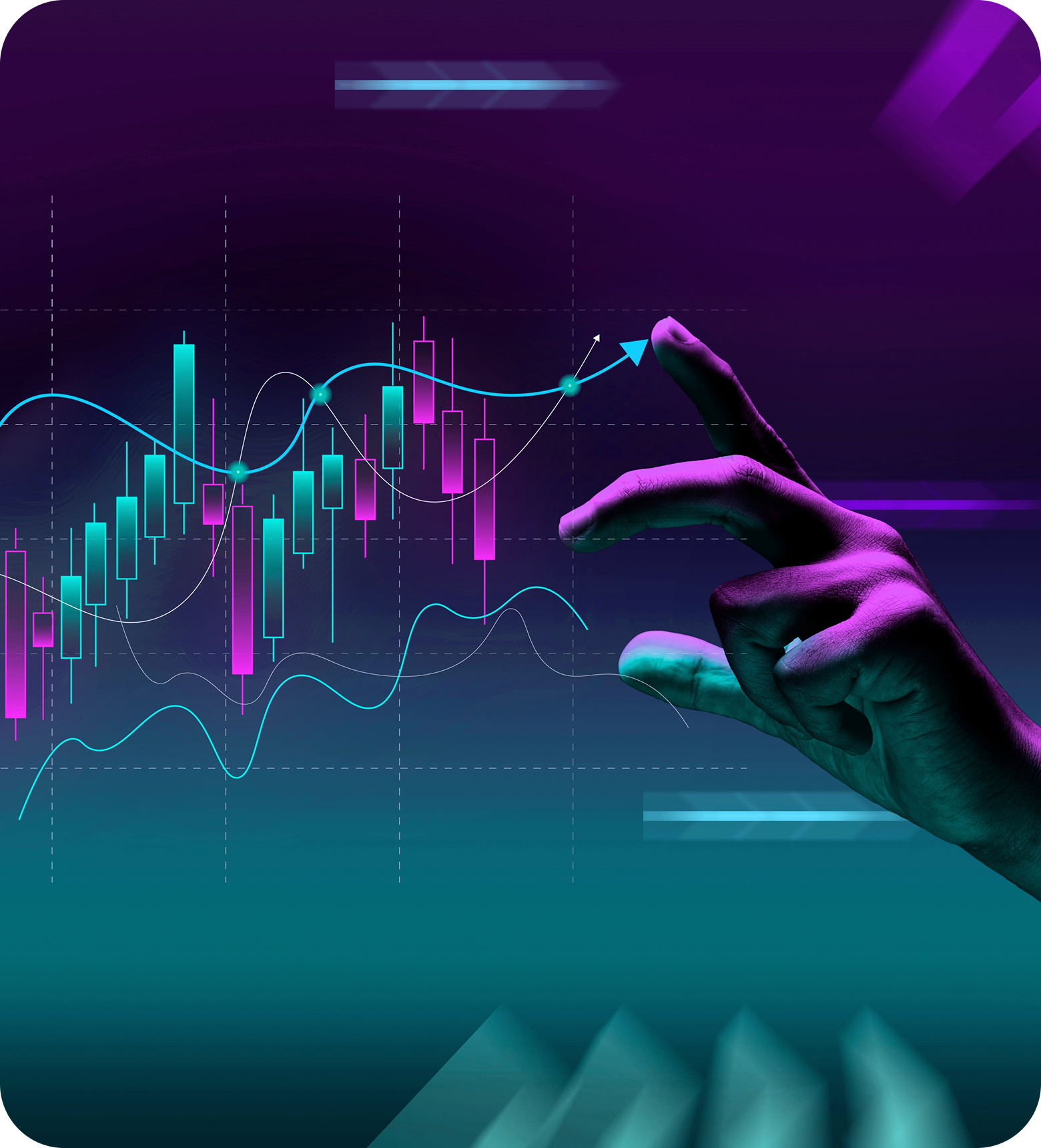 A hand indicates a swing trading chart, displayed on a bold purple background, emphasizing important market movements.