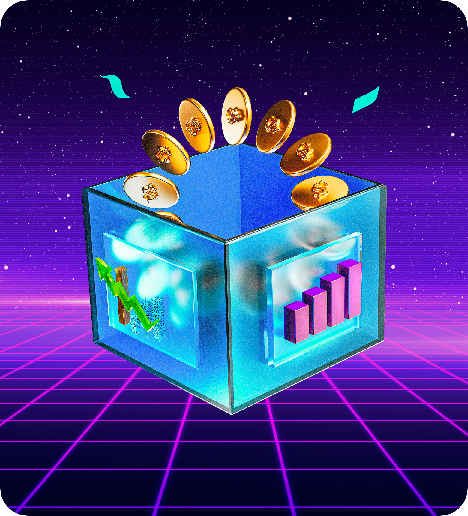 Une boîte violette débordant de pièces et de billets, symbolisant la richesse et les opportunités pour les traders de position.