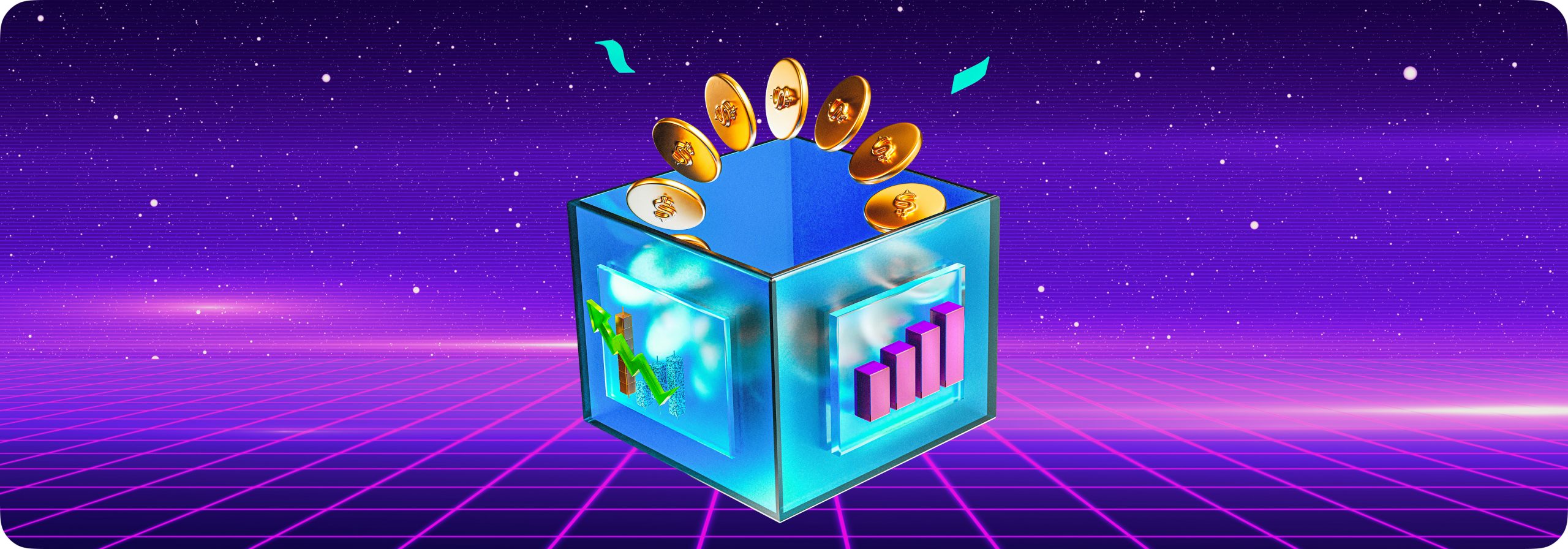 Une boîte violette débordant de pièces et de billets, symbolisant la richesse et les opportunités pour les traders de position.