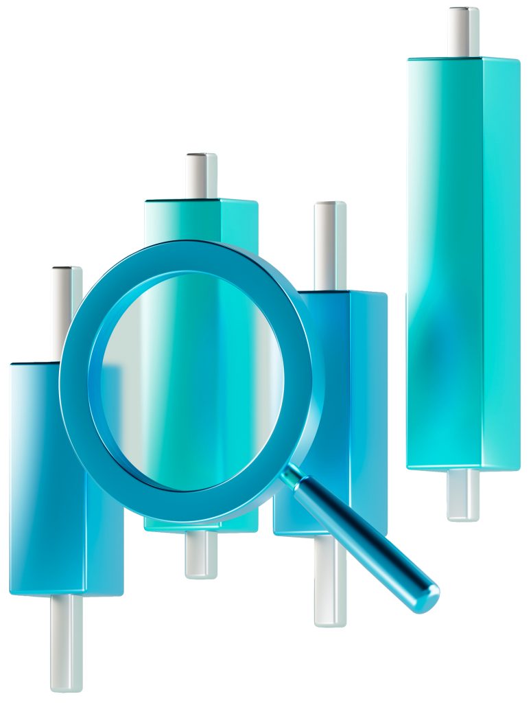 Une loupe adjacente à une barre bleue, représentant un examen détaillé des techniques de trading de swing.