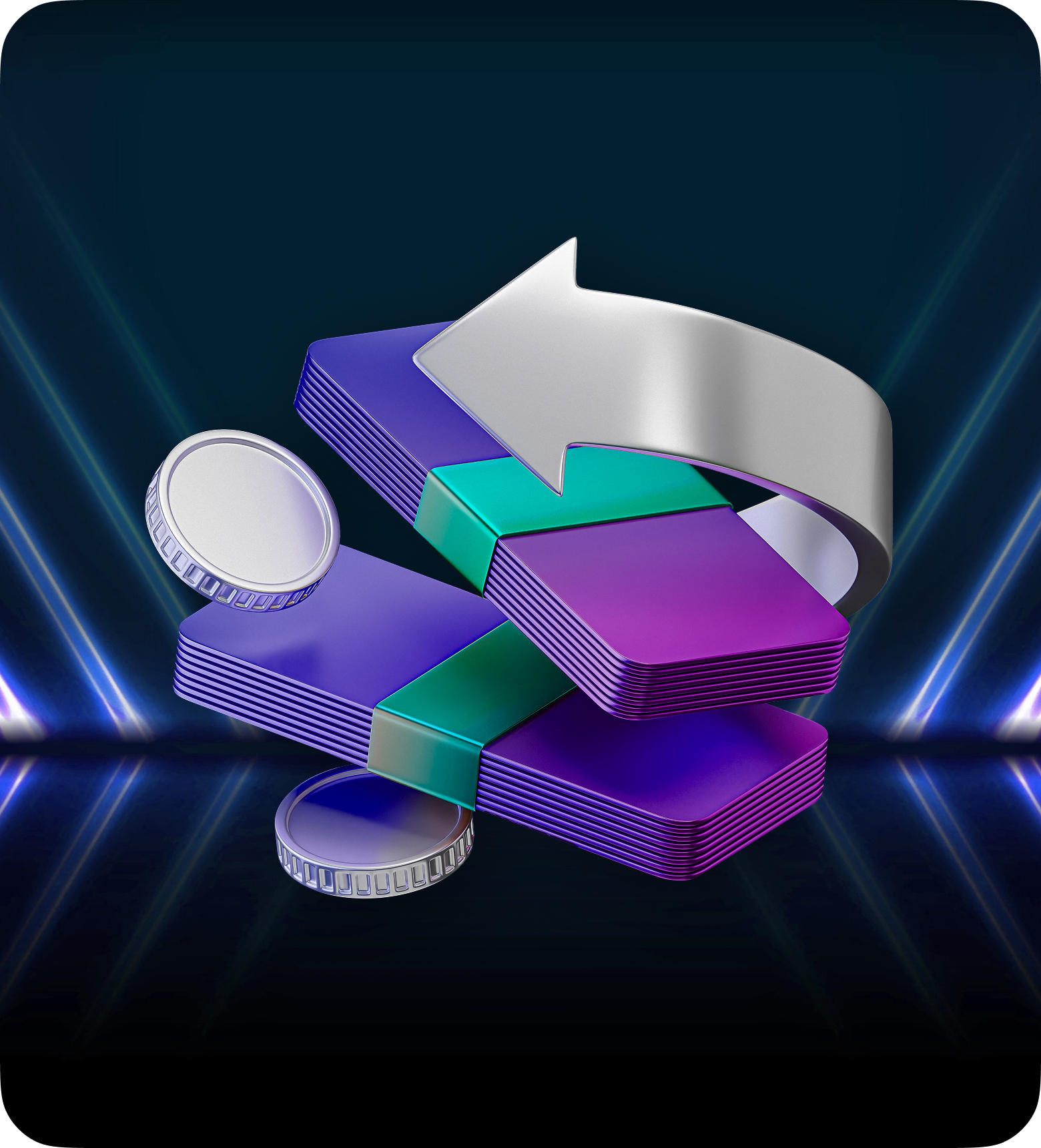 Un logo violet et bleu avec une flèche blanche, symbolisant le mouvement dynamique dans les stratégies de trading de swing.