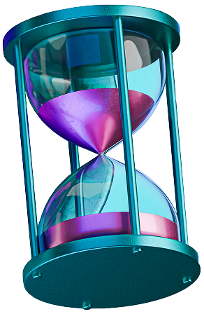 Un reloj de arena azul y morado lleno de arena rosa, simbolizando el paso del tiempo en el trading de forex.