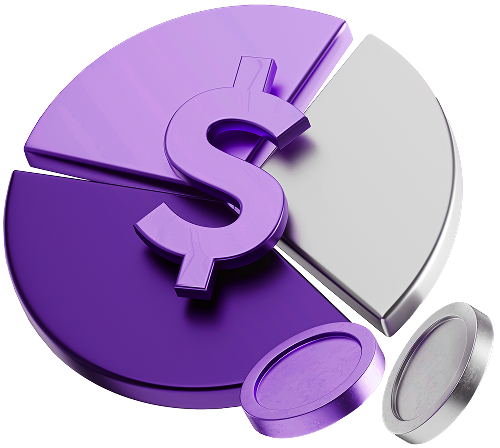 Un gráfico circular morado con un signo de dólar, simbolizando el análisis financiero en el trading de forex.