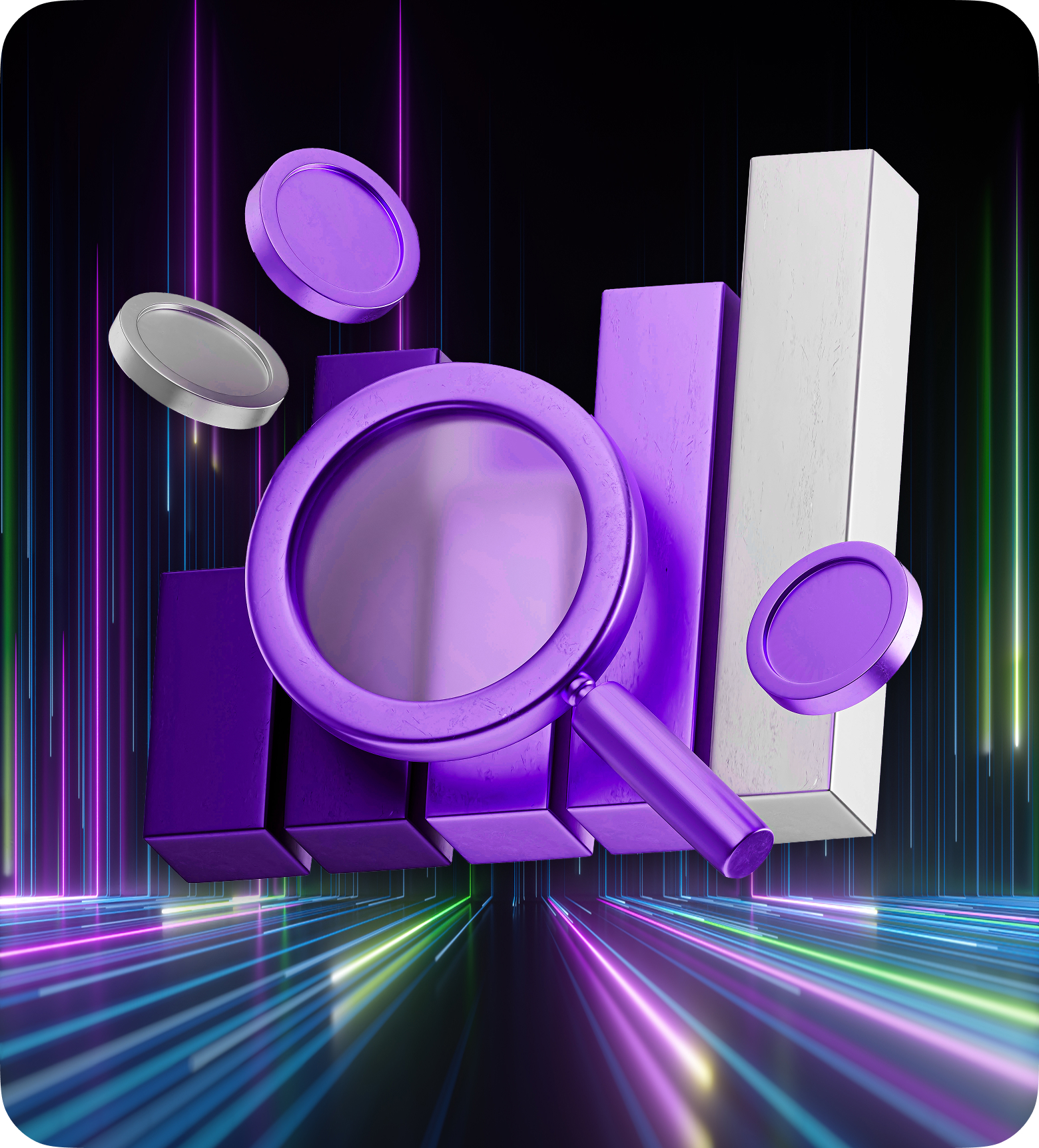 Un logo morado y negro con una lupa, simbolizando el análisis en el trading de forex.