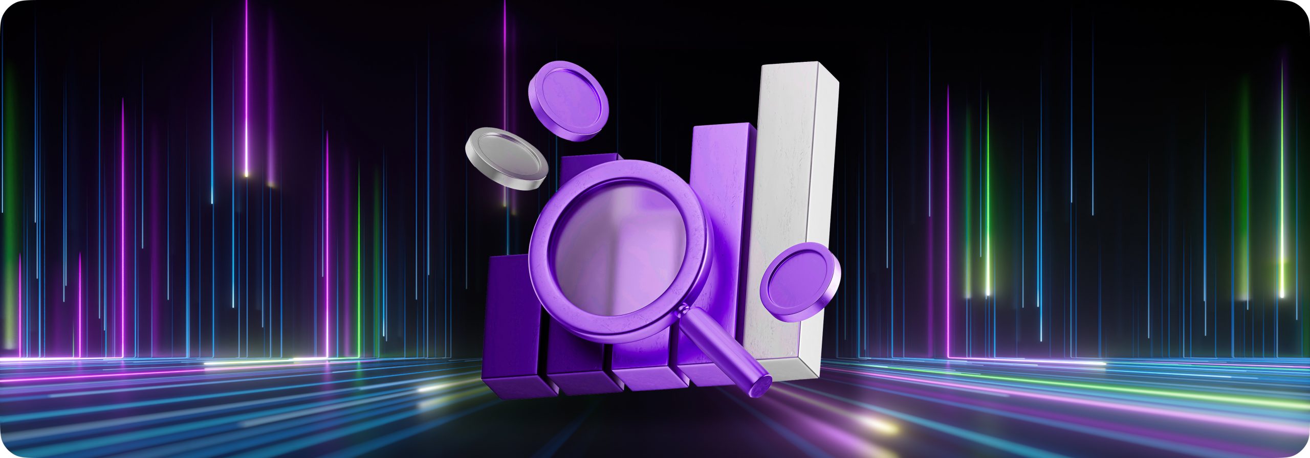 Un logo morado y negro con una lupa, simbolizando el análisis en el trading de forex.
