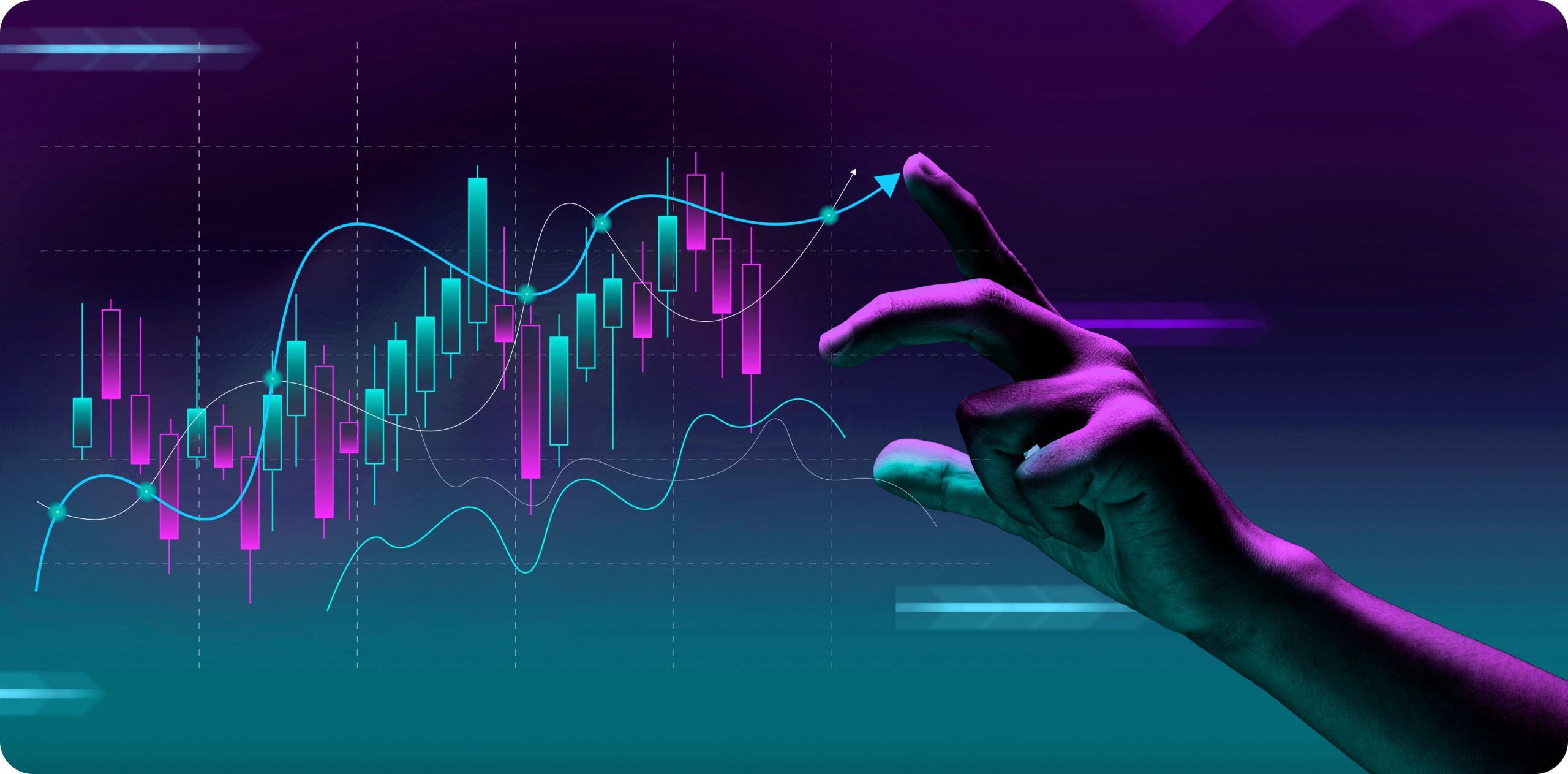 Un geste de la main pointe vers un graphique de trading de swing sur un fond violet frappant, mettant en évidence les principaux mouvements du marché et les données.