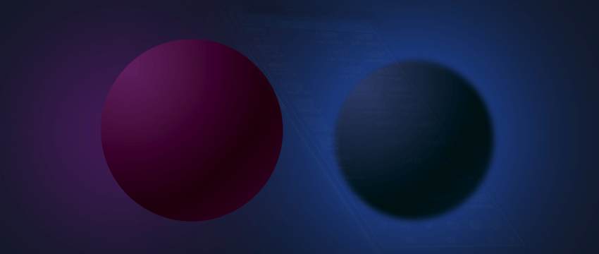 A black circle and a purple circle on a dark background, with a man trader representing success and analysis in mobile trading.