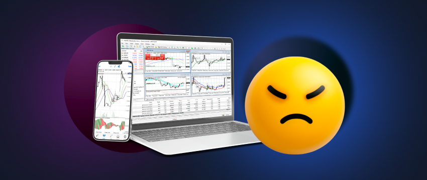 Un emoji en colère près d’appareils affichant MT4.