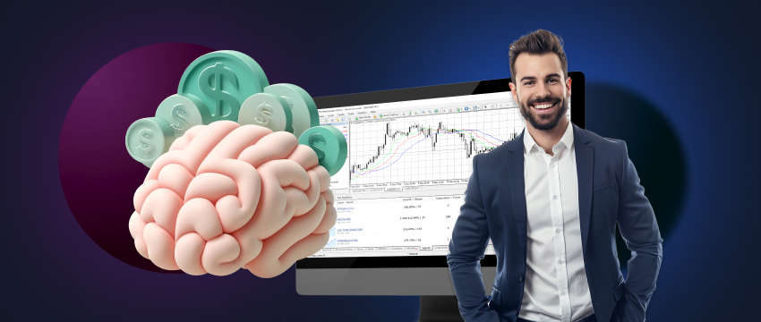 Um homem de terno está ao lado de uma tela de computador exibindo um cérebro digital, simbolizando tecnologia e inteligência.