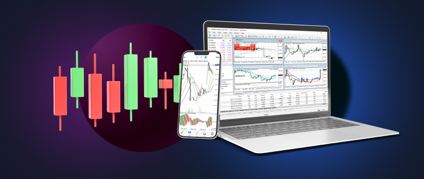 A laptop and mobile device show forex charts, highlighting traders' analysis on the MT4 platform for flexible swing trading.