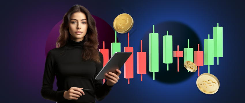 A woman holding a tablet displaying a currency chart, engaged in trading strategies for day and swing trading.
