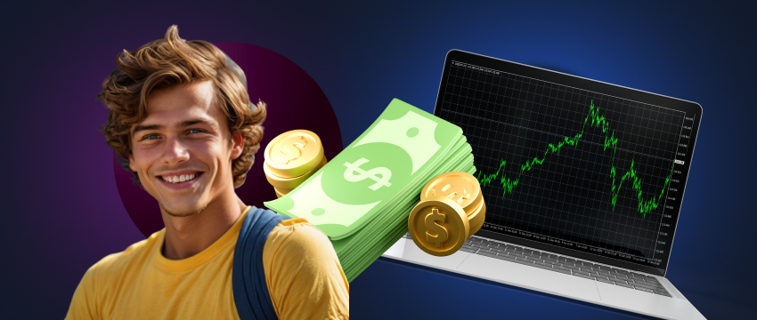 Un homme avec un ordinateur portable et de l'argent, représentant le trading forex et le succès financier grâce à l’échange de devises.
