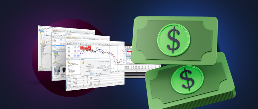 Représentation visuelle du trading forex, mettant l'accent sur les devises et l'argent, avec un focus sur les transactions gagnantes sur la plateforme MT4.