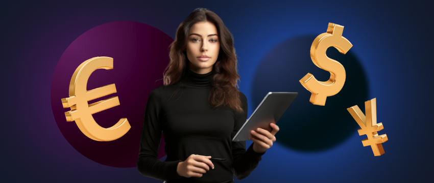 A female trader holding a tablet displaying euro and dollar symbols, reviewing financial charts for currency analysis.