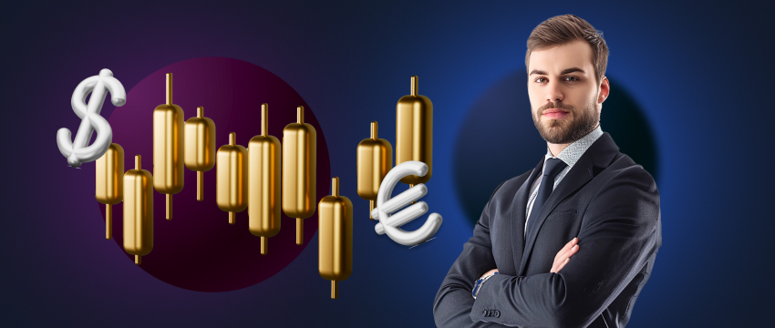 A suited man next to a gold bar, focused on forex market charts displayed on multiple screens with trading indicators.