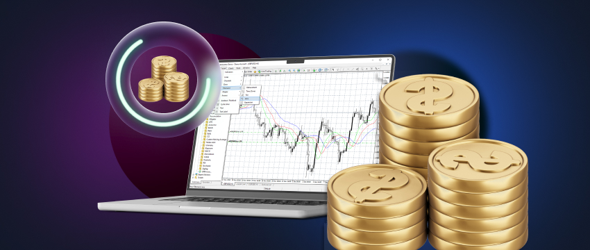 Une représentation concise des stratégies de trading forex pour le profit, mettant en avant Metatrader 4 et l'utilisation de pièces de monnaie.