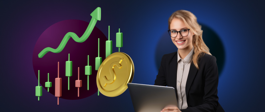 متداولة ناجحة ترتدي نظارات تمسك حاسوبًا محمولًا يحتوي على مخططات احترافية وعملة ذهبية، تمثل إنجازاتها في تداول الفوركس.