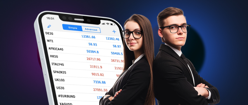 Um homem e uma mulher em trajes de negócios analisam o aplicativo MetaTrader 4 em um celular, representando a expertise em trading móvel.