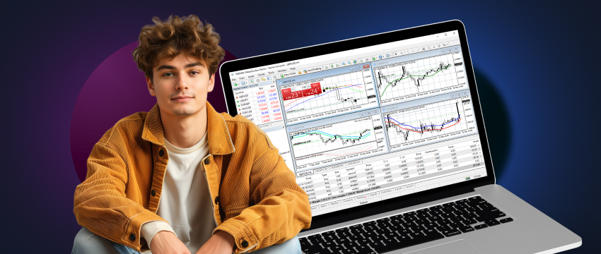 Um homem analisa um gráfico de ações em seu laptop, utilizando o MetaTrader 4 (MT4), uma plataforma ideal para traders iniciantes.