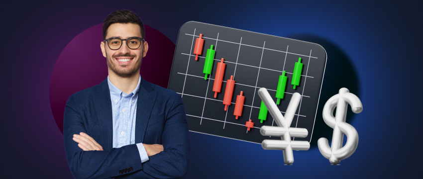 Um homem de terno posa em frente a um gráfico com símbolos de dólar, destacando os fundamentos do trading de forex na plataforma dólar-iene.