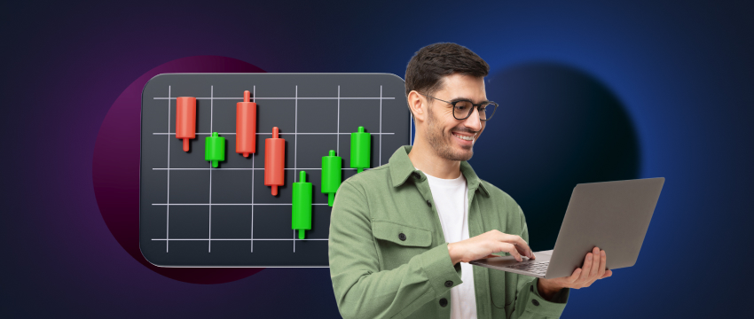 Um homem profissional analisa um gráfico em seu laptop, demonstrando suas habilidades com a plataforma de negociação MetaTrader 4.