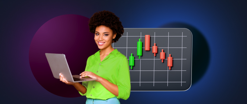 Uma mulher profissional usando um laptop, examinando um gráfico relacionado às atividades da plataforma de negociação MT4.