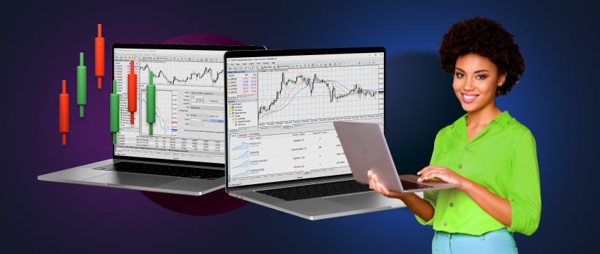 Una mujer, trader de forex, sostiene un portátil que muestra un gráfico de acciones, ilustrando su participación en análisis fundamental y técnico.