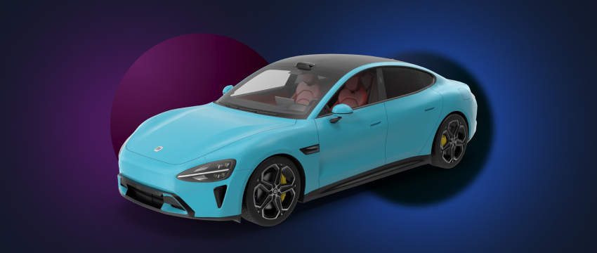 Un coche deportivo azul, que representa el rendimiento eléctrico de Xiaomi, sobre un fondo oscuro.
