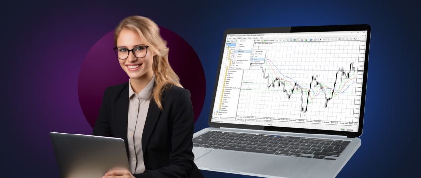 امرأة ترتدي نظارات وبدلة تحمل جهاز لابتوب يعرض مخططًا، تمثل متداولًا في سوق الفوركس يستخدم MetaTrader 4.