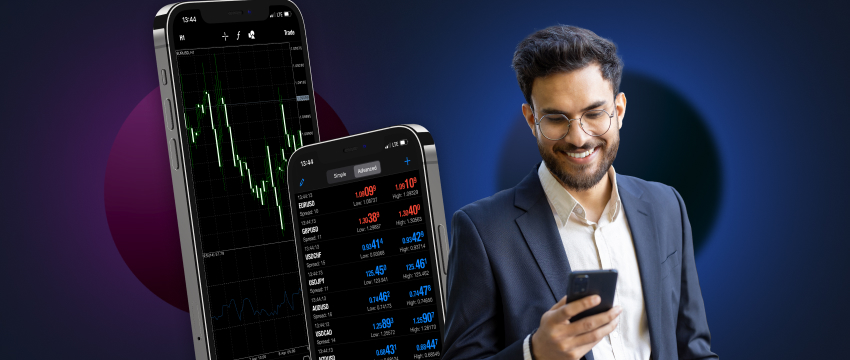 رجل يرتدي بدلة، متداول، يفحص هاتفًا ذكيًا يحتوي على تطبيق تداول، ممثلًا التداول عبر الهاتف المحمول والتحليل المالي في الوساطة.
