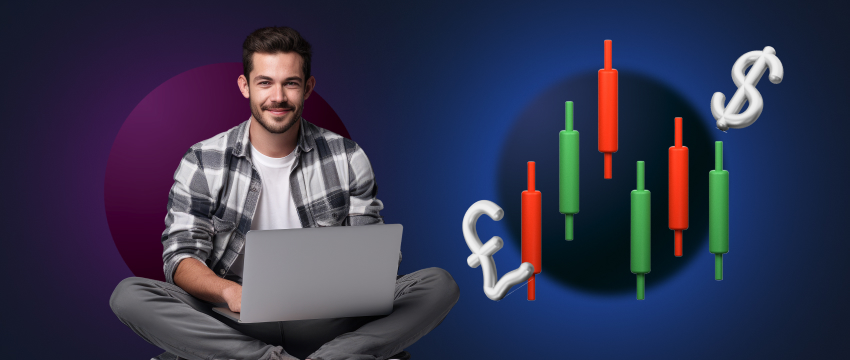 متداول يجلس على الأرض يستخدم جهاز لابتوب، محاط بعلامة الدولار، ممثلًا أنشطة التداول والأنشطة المالية.