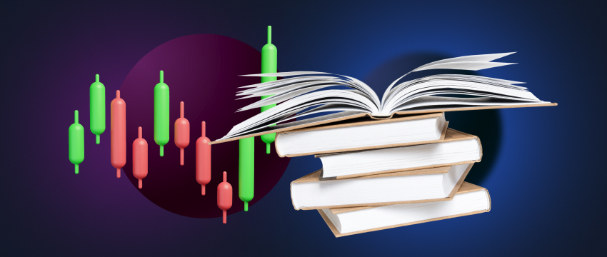 كومة من الكتب مع أحدها مفتوح، بجانب مخطط أسهم، يرمز إلى التعليم في تداول Metatrader 4 والتحليل المالي.