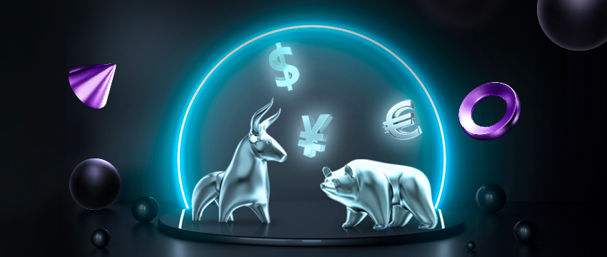 Un oso y un toro expuestos en una vitrina, acompañados de un cartel que dice «currency», relacionado con el trading de forex.