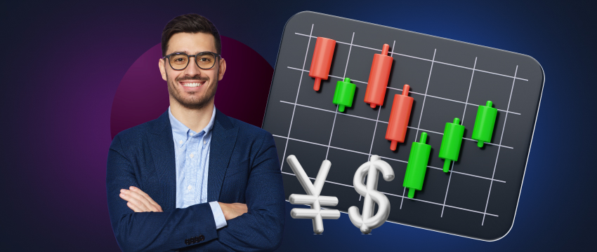 Un hombre en un evento de forex sostiene un portátil mientras está de pie frente a un gráfico, enfocado en el análisis de trading.