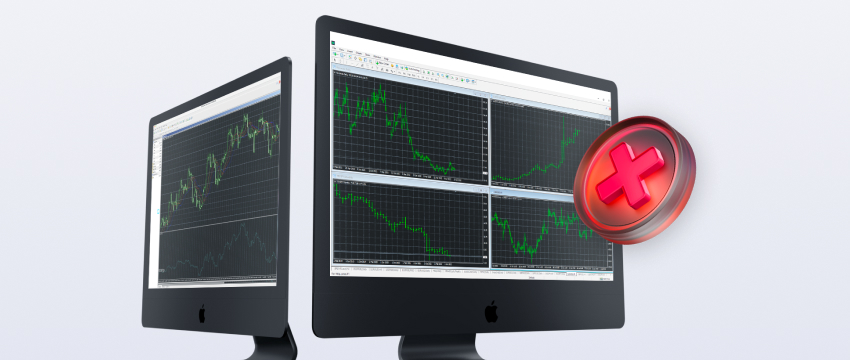 Two computer monitors displaying a red cross, indicating common MT4 errors in online trading platform issues.