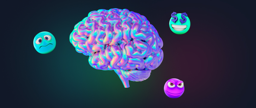 Un cerebro vibrante con una cara sonriente y otra triste, que representa los aspectos emocionales de la psicología y el éxito en el trading de forex.