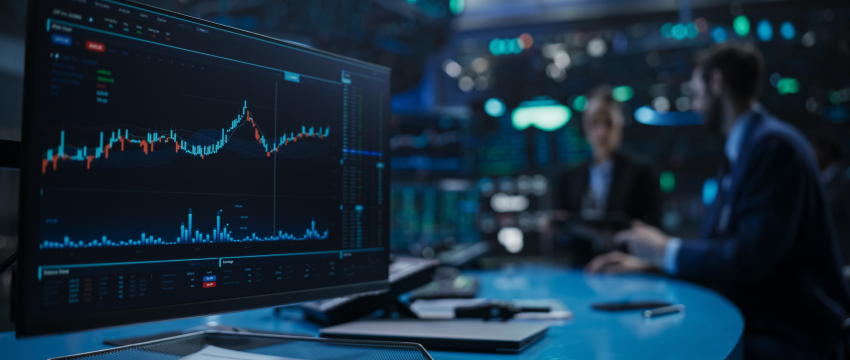 Una oficina de mercado de valores con enfoque en una pantalla de computadora que muestra gráficos financieros. Al fondo, dos figuras desenfocadas están en discusión.