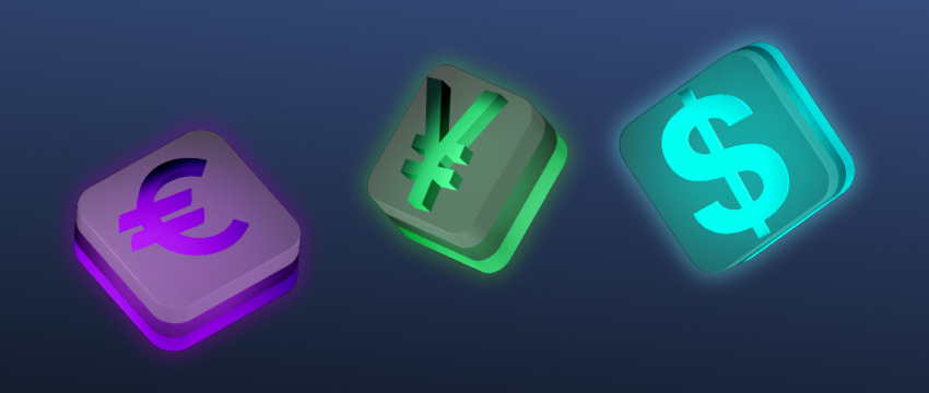 Three 3D icons of currency symbols—euro, yen, and dollar—glow in purple, green, and cyan on a dark gradient background, conveying a futuristic feel, forex hobby full careers